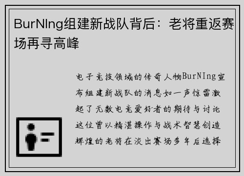 BurNIng组建新战队背后：老将重返赛场再寻高峰